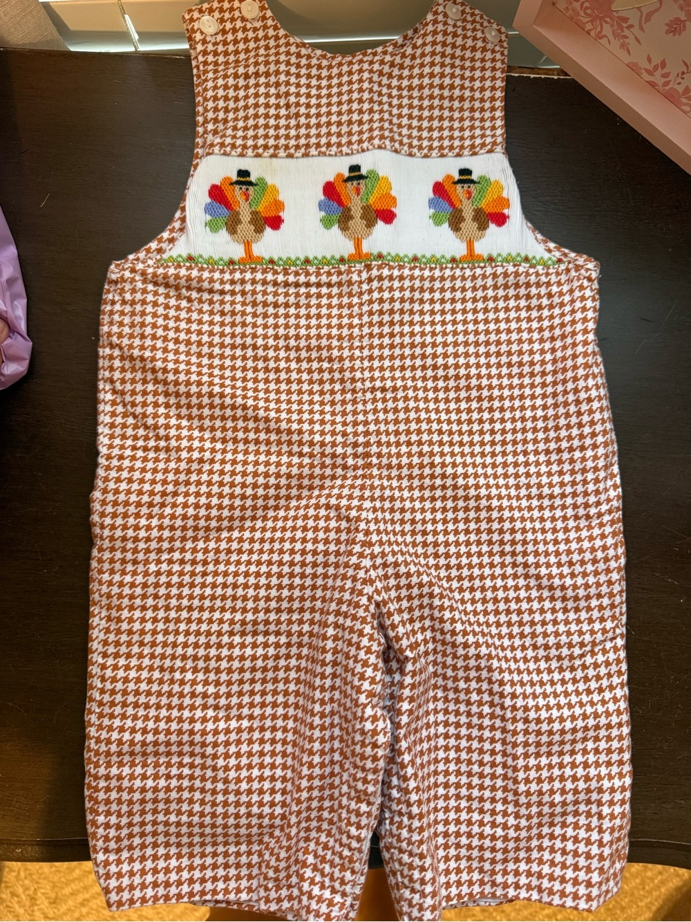 Smocked Turkey Houndstooth Shortalls in Rust